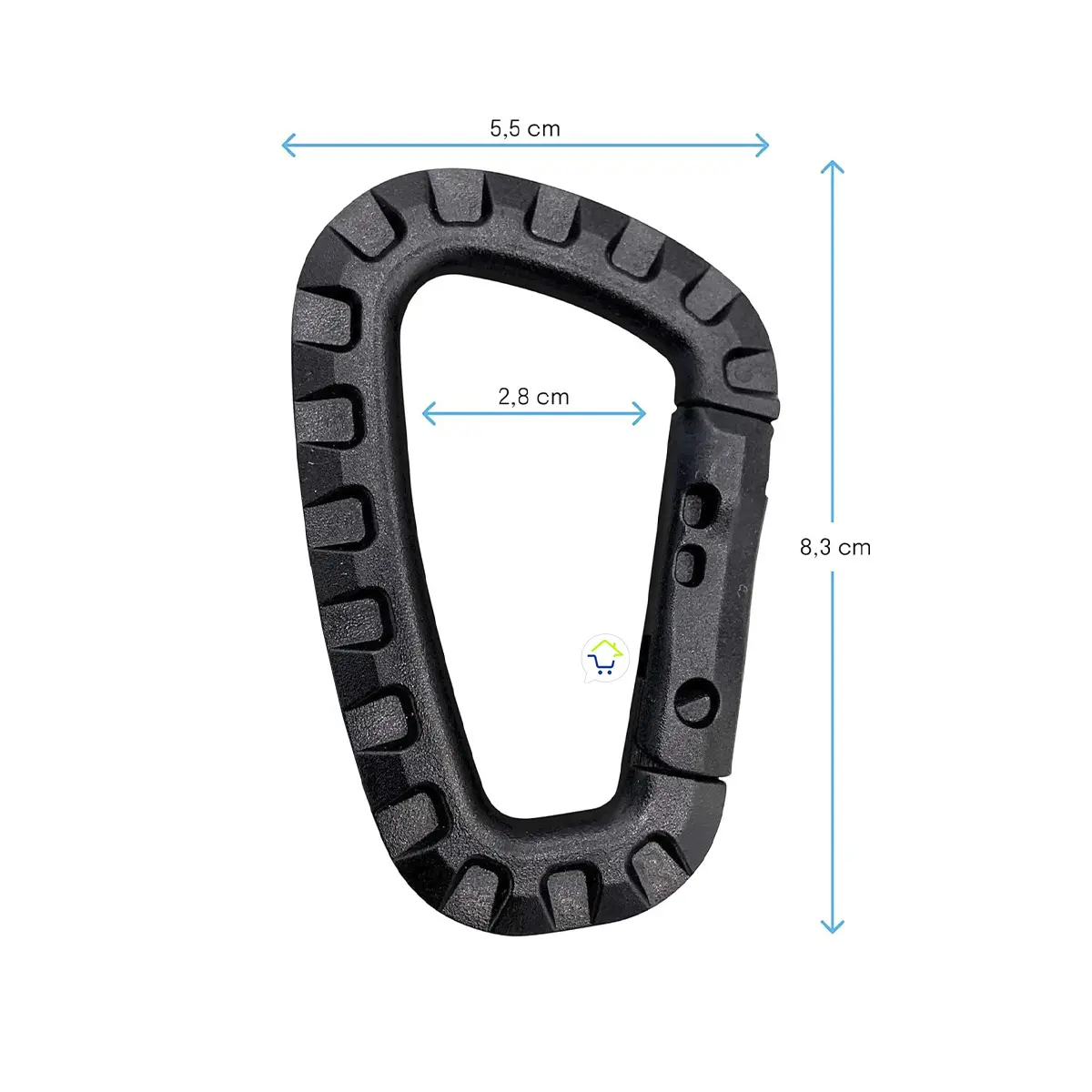 Mosquetón de plástico negro con medidas de 8.3x5.5 cm, forma D, ideal para llavero táctico.