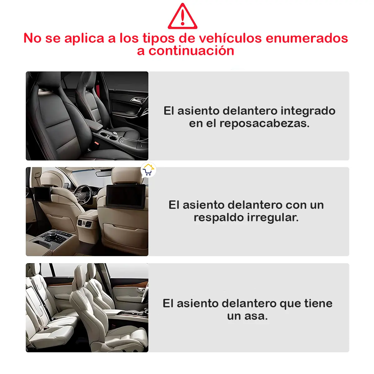 Asiento delantero con reposacabezas integrado, respaldo irregular o manija.