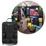 Organizador de asiento para carro con soporte para tablet, ideal para mantener ordenados juguetes y accesorios.