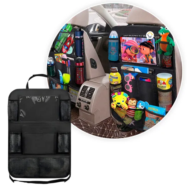 Organizador de asiento para carro con soporte para tablet, ideal para mantener ordenados juguetes y accesorios.