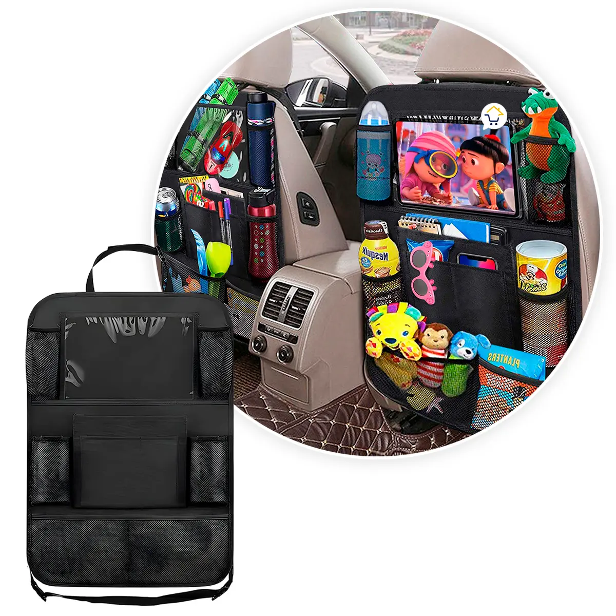 Organizador de asiento para carro con soporte para tablet, ideal para mantener ordenados juguetes y accesorios.