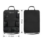 Organizador de asiento de carro negro con soporte para tablet. Dimensiones: 61cm x 41.5cm.