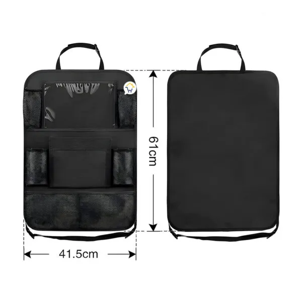 Organizador de asiento de carro negro con soporte para tablet. Dimensiones: 61cm x 41.5cm.