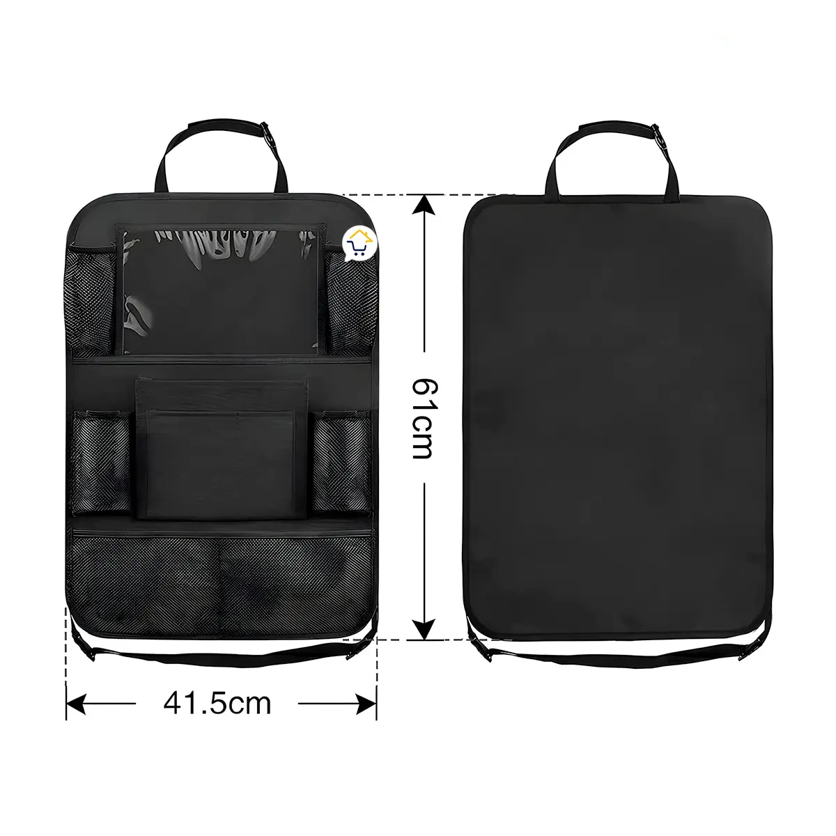 Organizador de asiento de carro negro con soporte para tablet. Dimensiones: 61cm x 41.5cm.