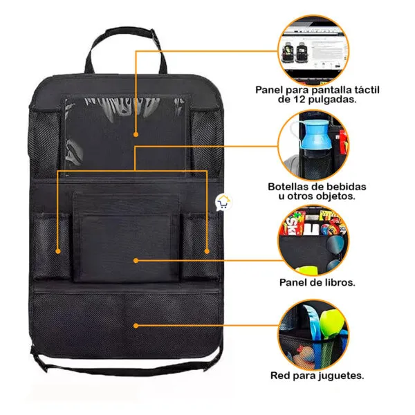 Organizador de asiento trasero para coche con soporte para tablet, portabotellas, bolsillo para libros y red para juguetes.