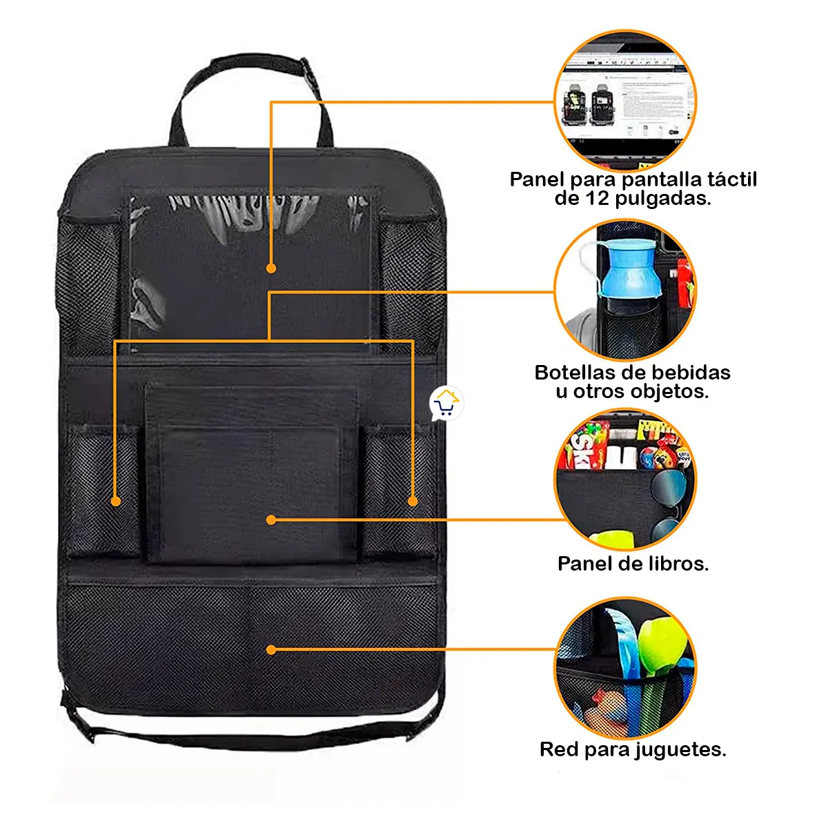 Organizador de asiento trasero para coche con soporte para tablet, portabotellas, bolsillo para libros y red para juguetes.