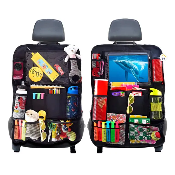 Organizador de asiento trasero para carro con soporte para tablet y múltiples bolsillos para niños.
