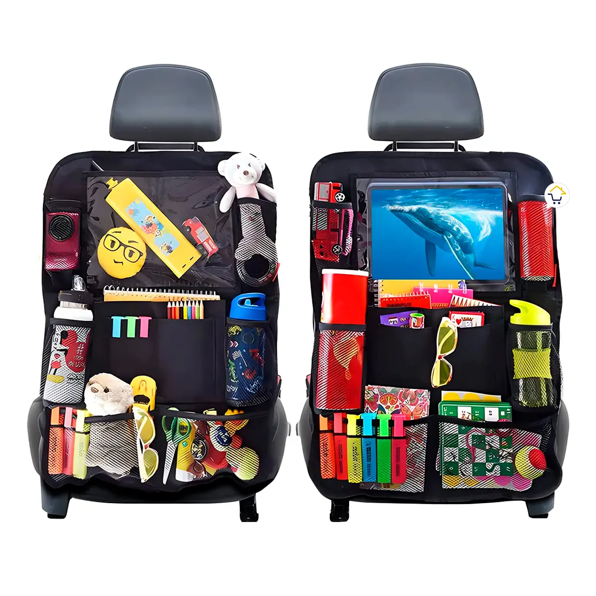 Organizador de asiento trasero para carro con soporte para tablet y múltiples bolsillos para niños.