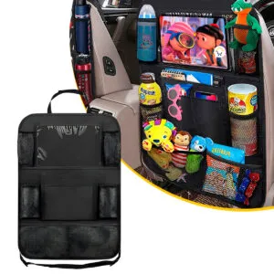 Organizador de asiento trasero de coche con soporte para tablet y juguetes, color negro.