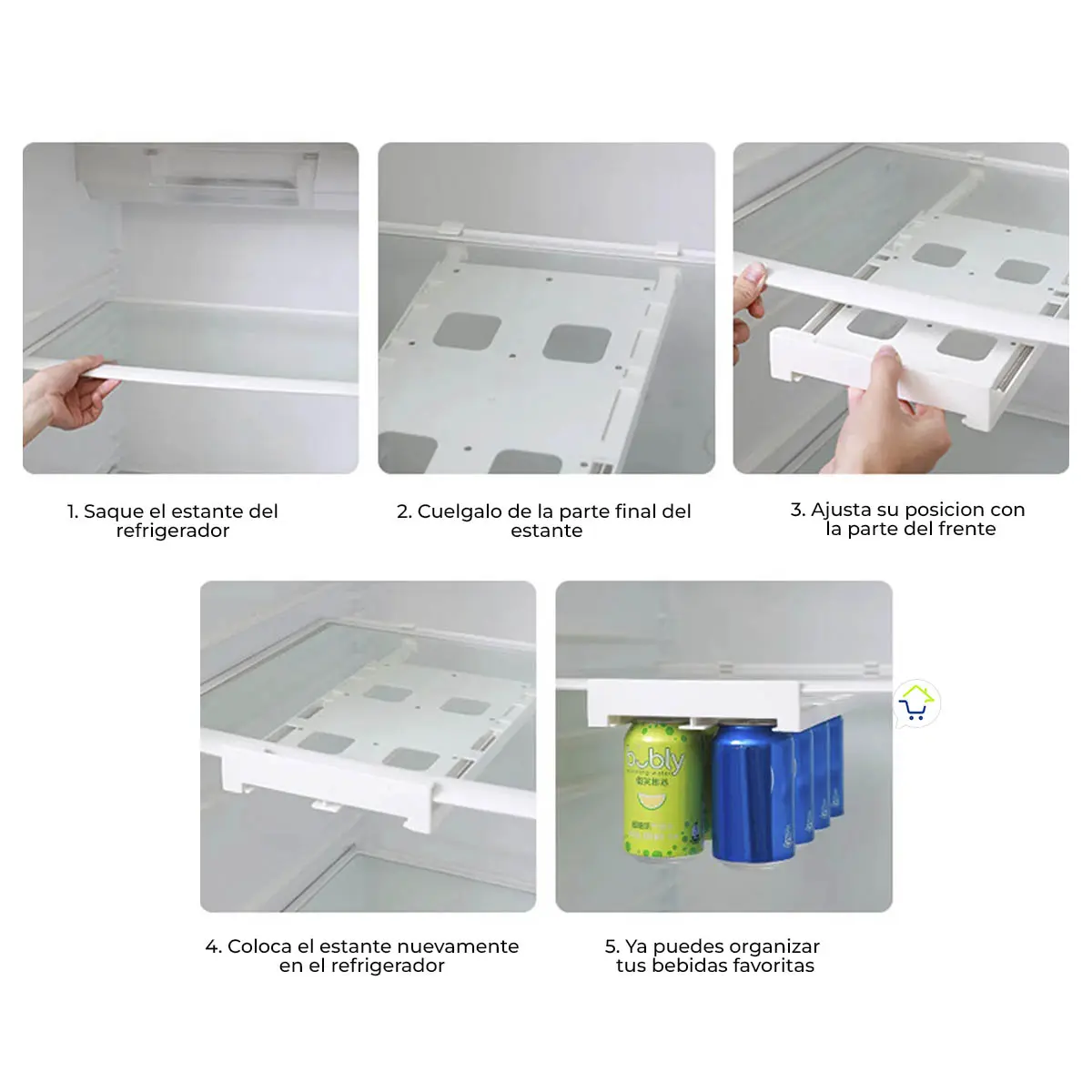 Dispensador de bebidas para nevera colgante con capacidad para 5 latas, fácil de instalar.