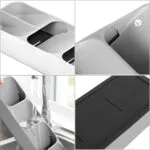 Organizador de cubiertos gris para cocina, con compartimentos y escurridor.