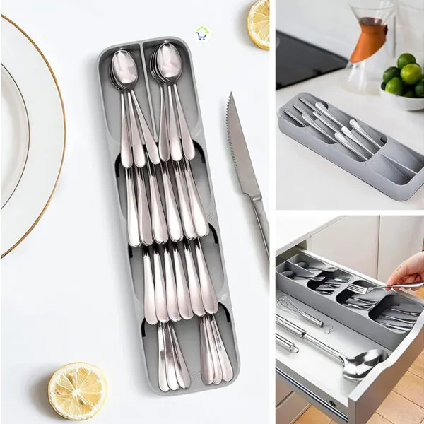 Organizador de cubiertos de cocina con separadores, ideal para cajones y mantener tus utensilios ordenados.
