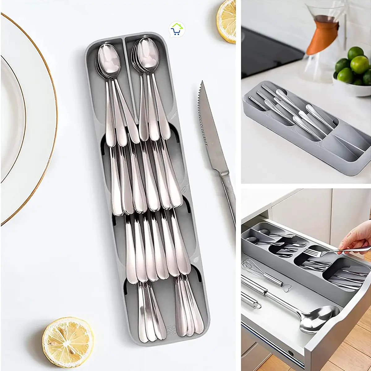 Organizador de cubiertos de cocina con separadores, ideal para cajones y mantener tus utensilios ordenados.
