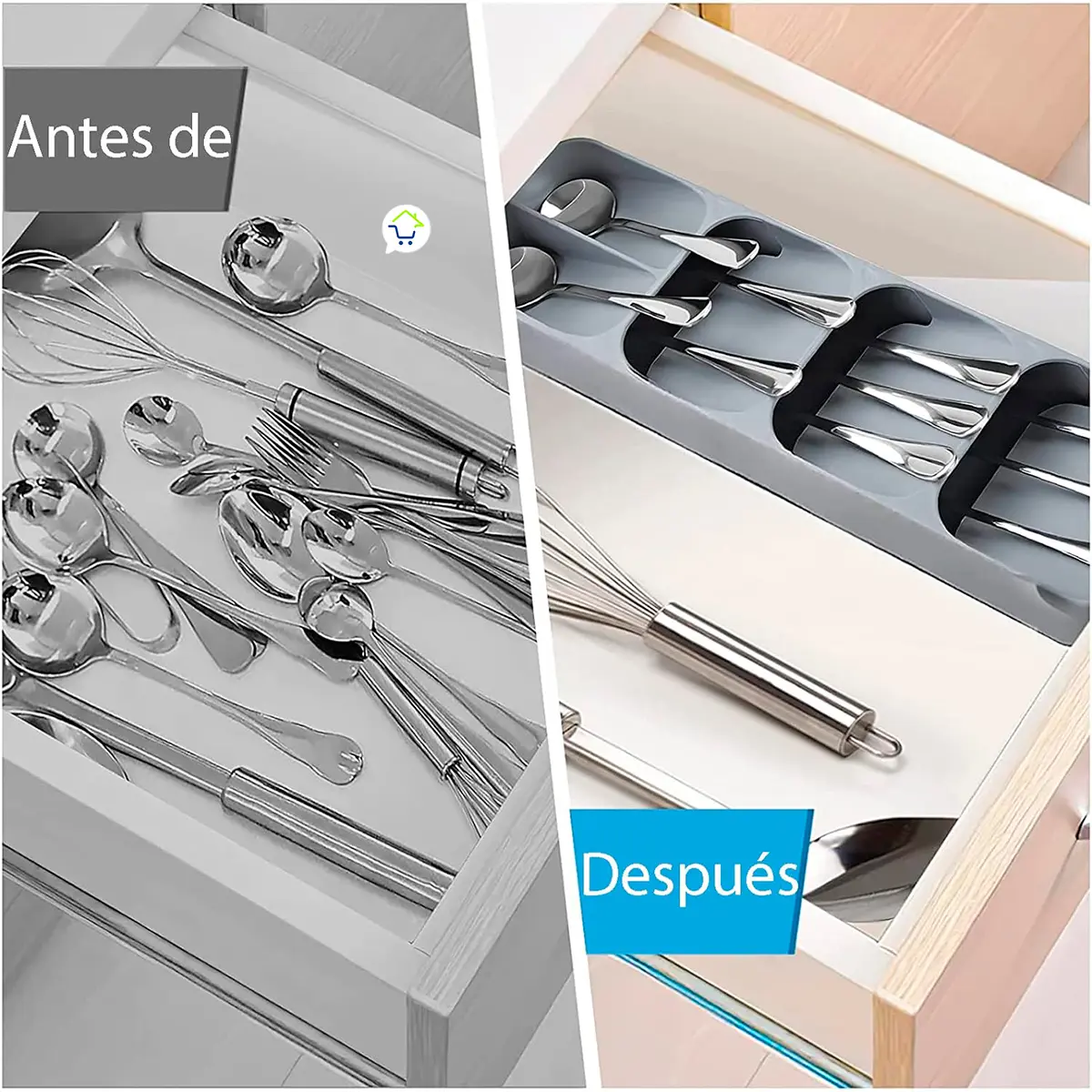 Organizador de cubiertos para cocina, muestra cómo ordenar eficientemente tus utensilios.