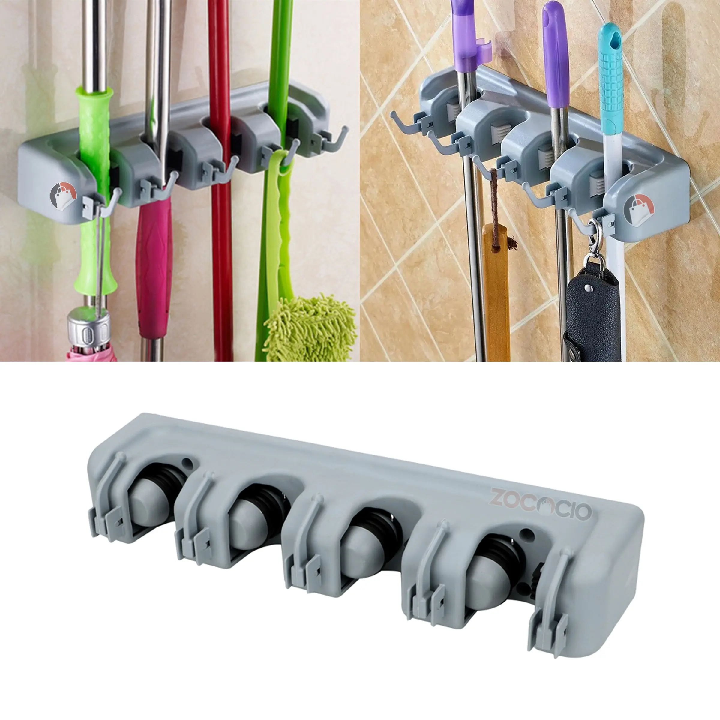 Organizador de pared para escobas y traperas Zocacio, con rodillos y ganchos para colgar.