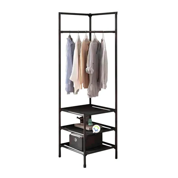 Organizador esquinero con perchero y 3 estantes negros, ideal para ahorrar espacio y organizar ropa.