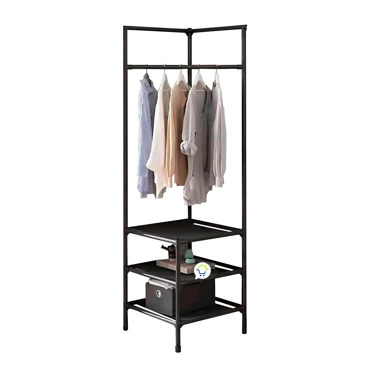 Organizador esquinero con perchero y 3 estantes negros, ideal para ahorrar espacio y organizar ropa.
