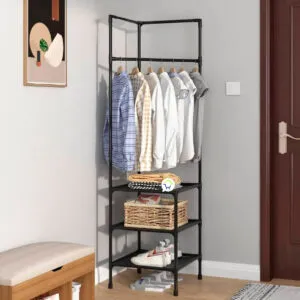 Organizador esquinero de ropa de 3 niveles, estantes con canasta, zapatos y abrigo, ahorra espacio.