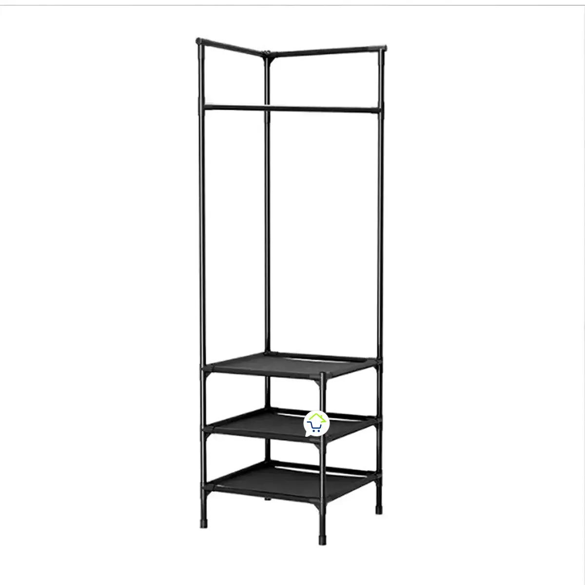 Organizador esquinero negro con 3 niveles y barra para colgar ropa, ideal para ahorrar espacio.