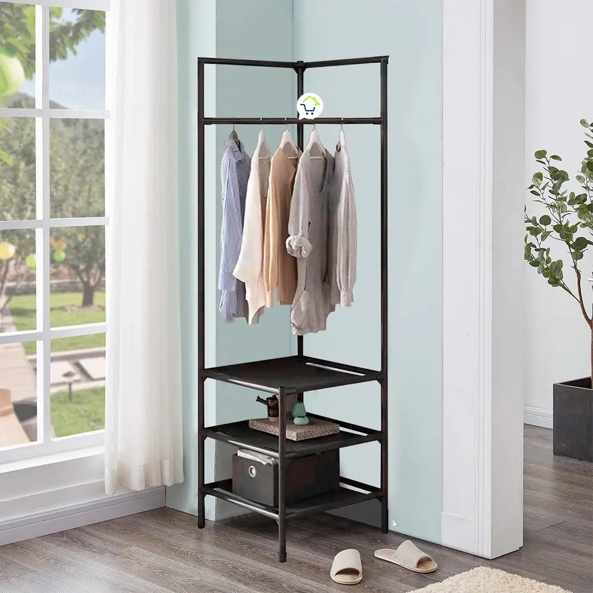 Organizador esquinero para ropa con 3 niveles, estantes y perchero. Ideal para ahorrar espacio.
