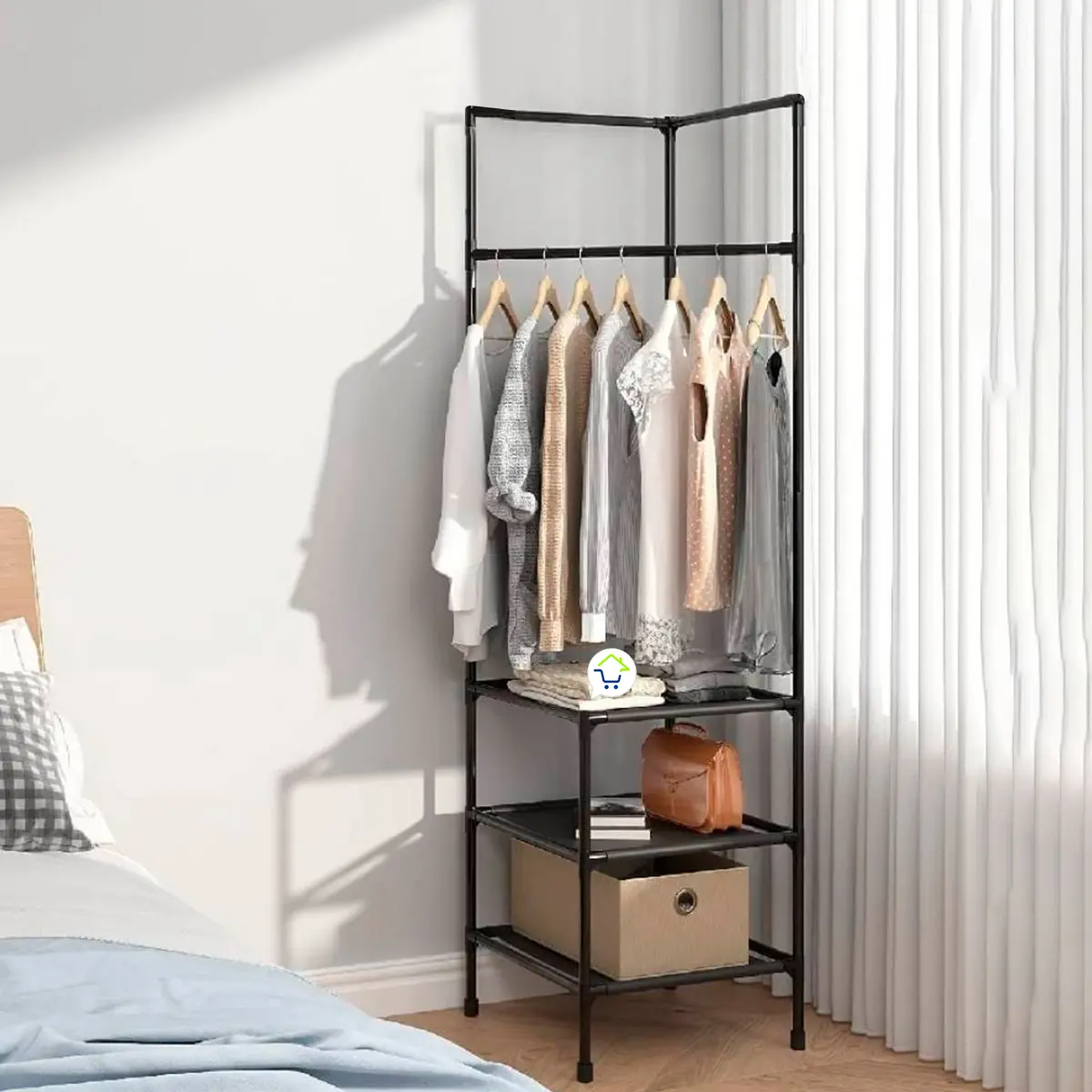Organizador esquinero con 3 niveles, estante de ropa y ahorro de espacio, ideal para cualquier habitación.