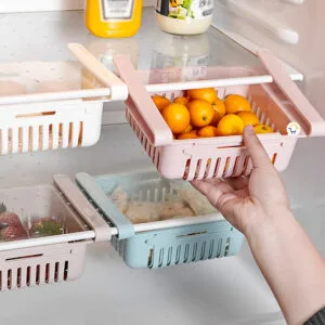 Set x3 organizadores expandibles para nevera, estante con frutas y fresas.