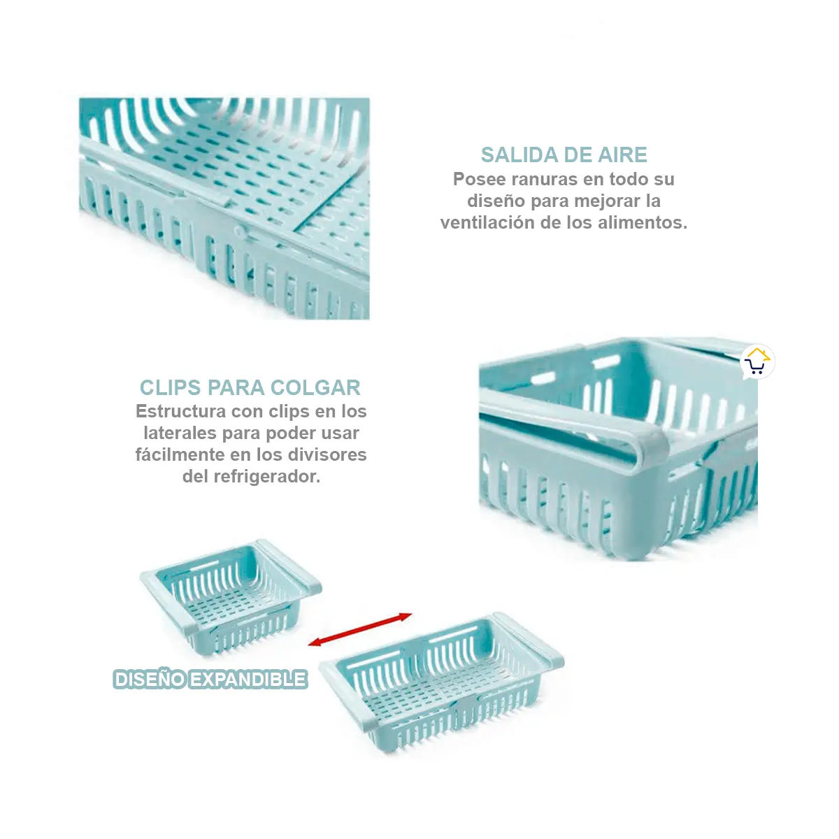 Organizador expandible para nevera con clips para colgar y ventilación.