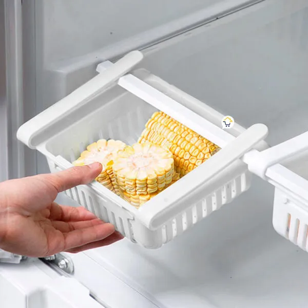Set x3 organizadores expandibles para nevera con maíz fresco, ideal para estantes de almacenamiento.