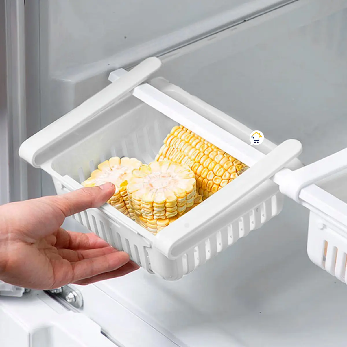 Set x3 organizadores expandibles para nevera con maíz fresco, ideal para estantes de almacenamiento.
