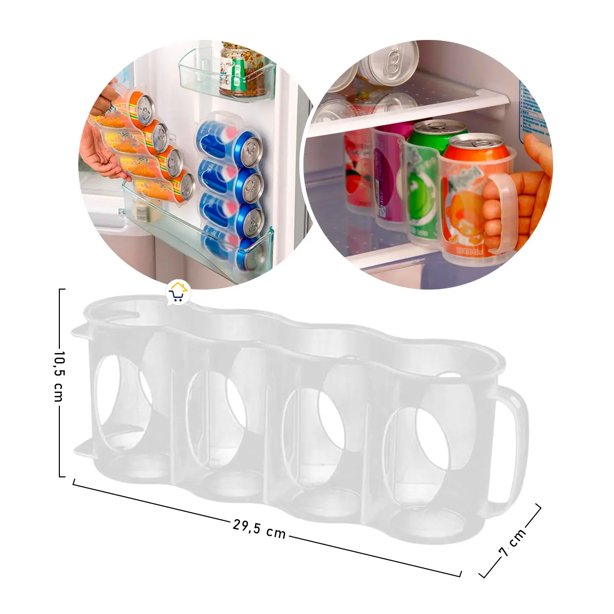 Organizador de 4 espacios para latas de gaseosa o cerveza en refrigerador, color transparente.