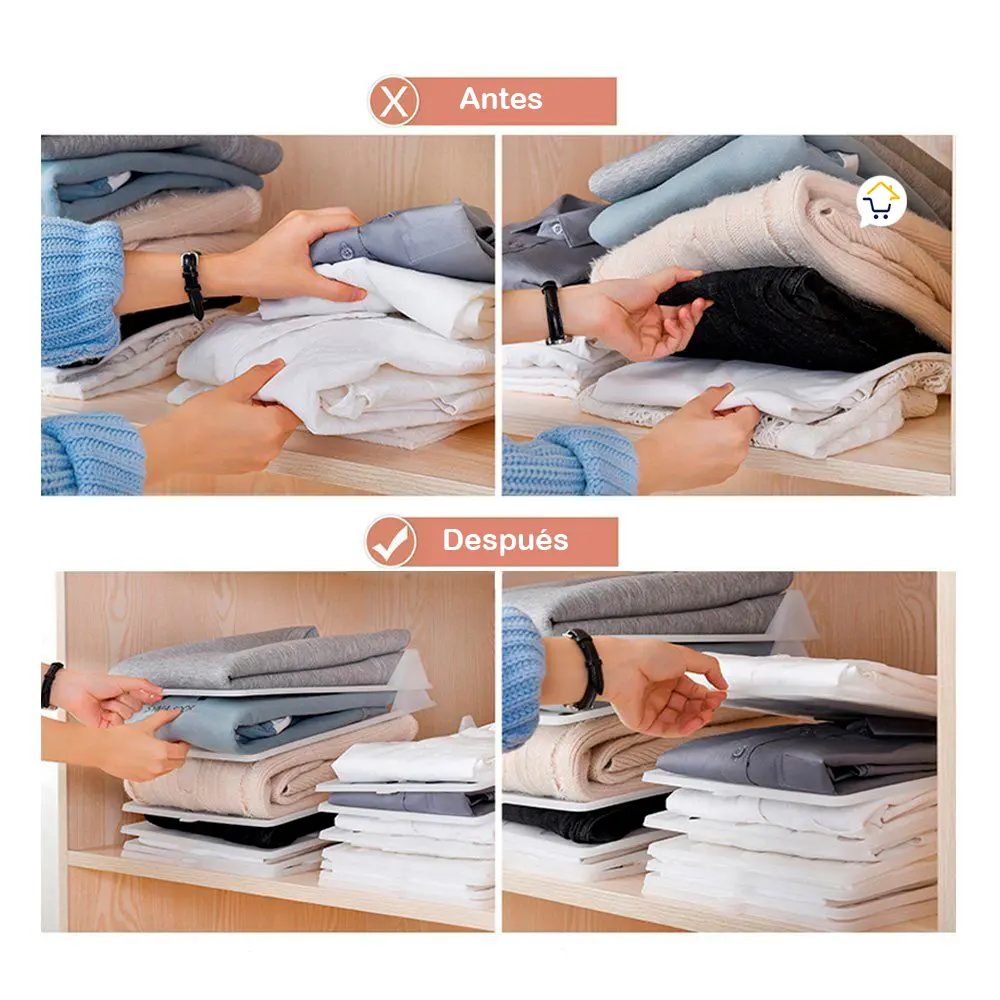 Set x10 organizador ropa: camisas, pantalones y prendas dobladas en un armario ordenado.