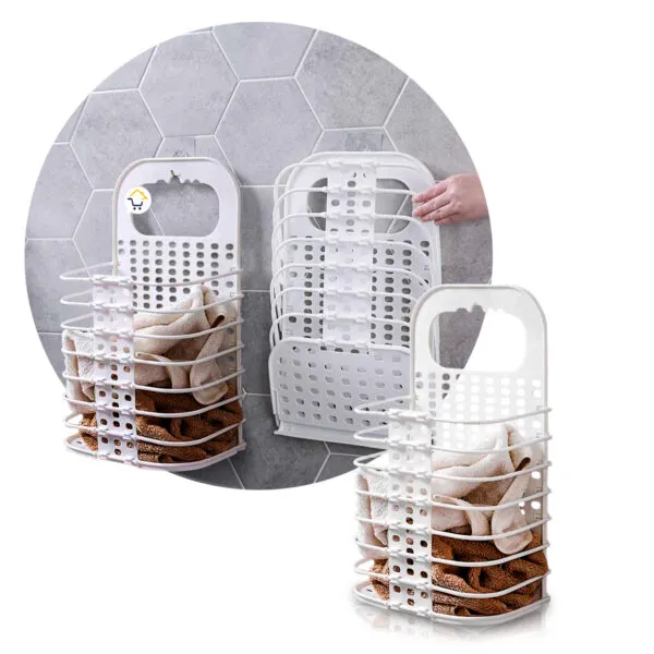 Cesta plegable para ropa sucia y toallas, organizador blanco colgante.