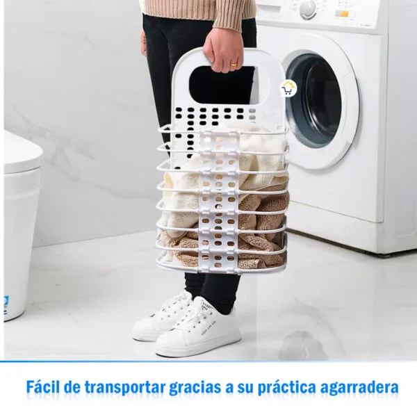 Cesta plegable para ropa sucia con toallas, fácil de transportar por su agarradera.