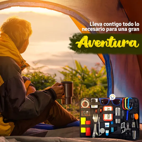 Organizador viajero multifuncional con elásticos, ideal para aventura al aire libre.