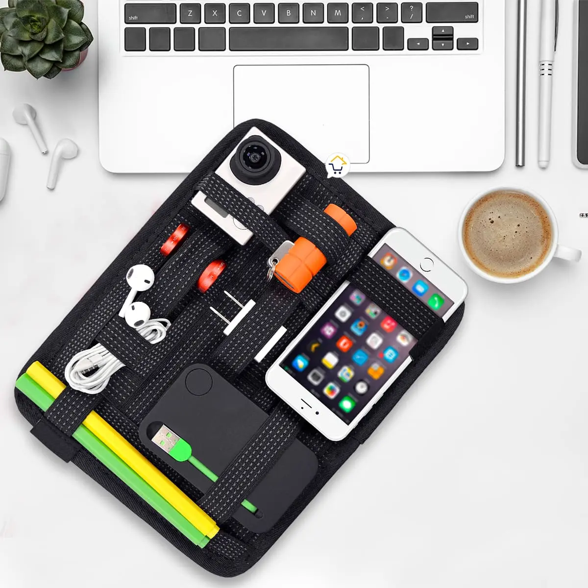 Organizador viajero con elásticos: guarda gadgets, celular, audífonos, USB y más.