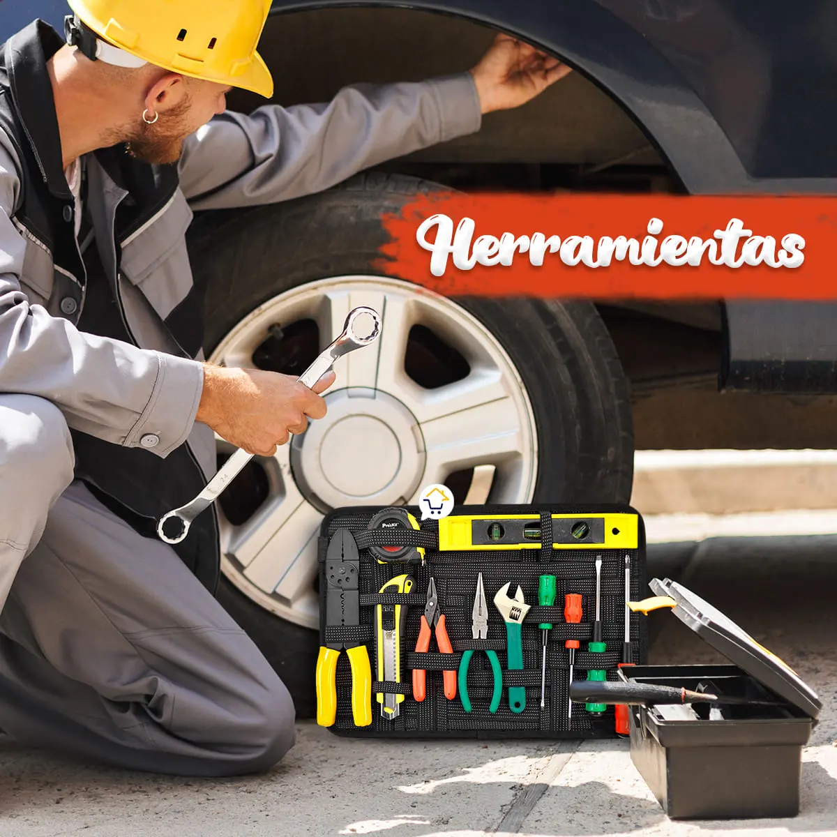 Organizador viajero multifuncional con elásticos para herramientas, visto junto a un carro.