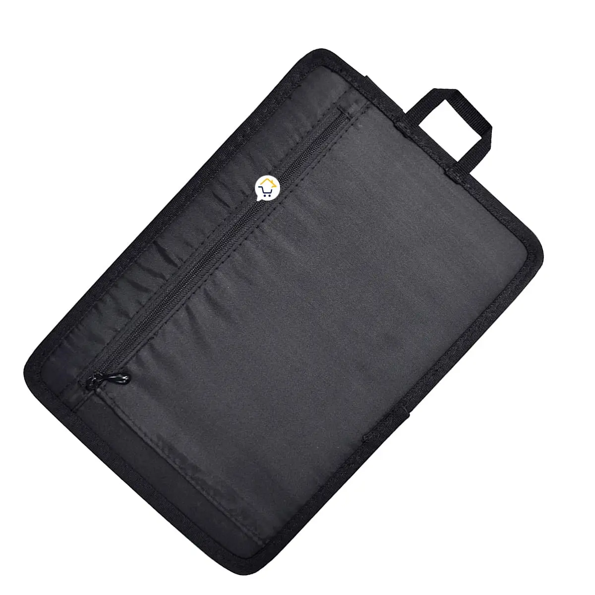 Organizador viajero multifuncional negro con cremallera y asa, ideal para el pasaporte.