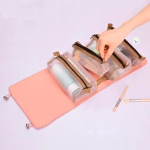 Organizador viajero 4 cartucheras plegable portátil con maquillaje y brochas.