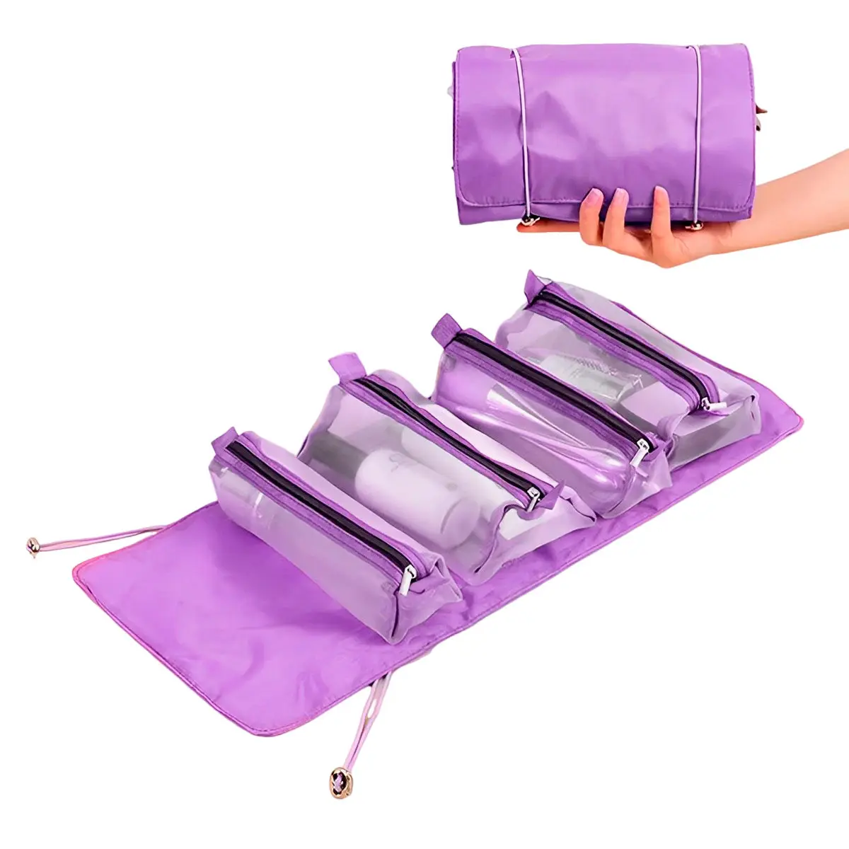 Organizador viajero morado con 4 cartucheras transparentes plegable, ideal para cosméticos.