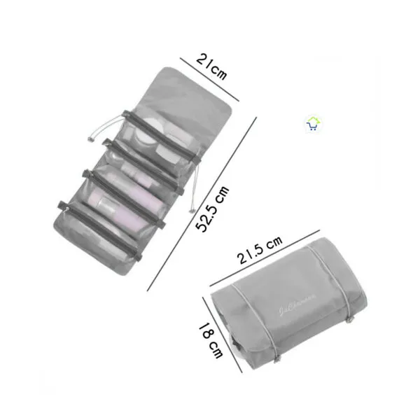 Organizador viajero plegable con 4 cartucheras, ideal para cosméticos y accesorios de viaje.