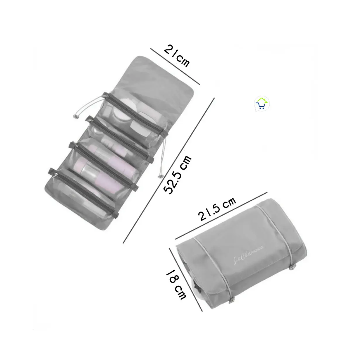 Organizador viajero plegable con 4 cartucheras, ideal para cosméticos y accesorios de viaje.