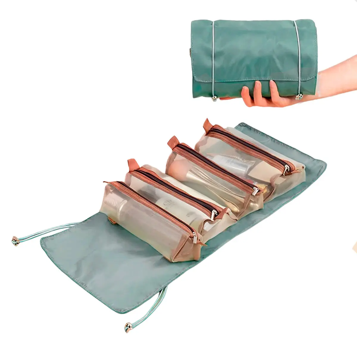Organizador viajero plegable con 4 cartucheras transparentes para maquillaje y cosméticos.