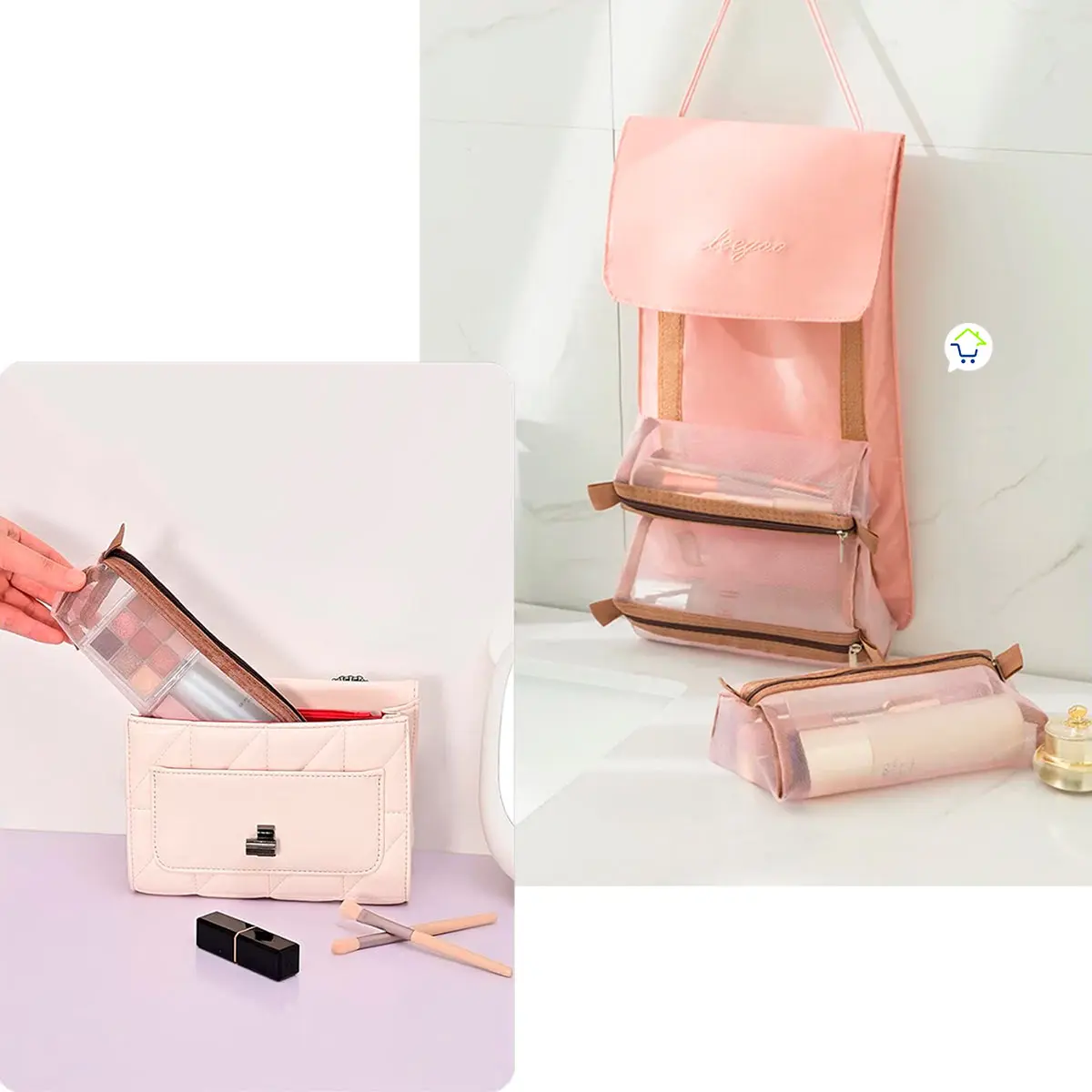 Organizador viajero rosa plegable con 4 cartucheras, ideal para cosméticos y maquillaje.