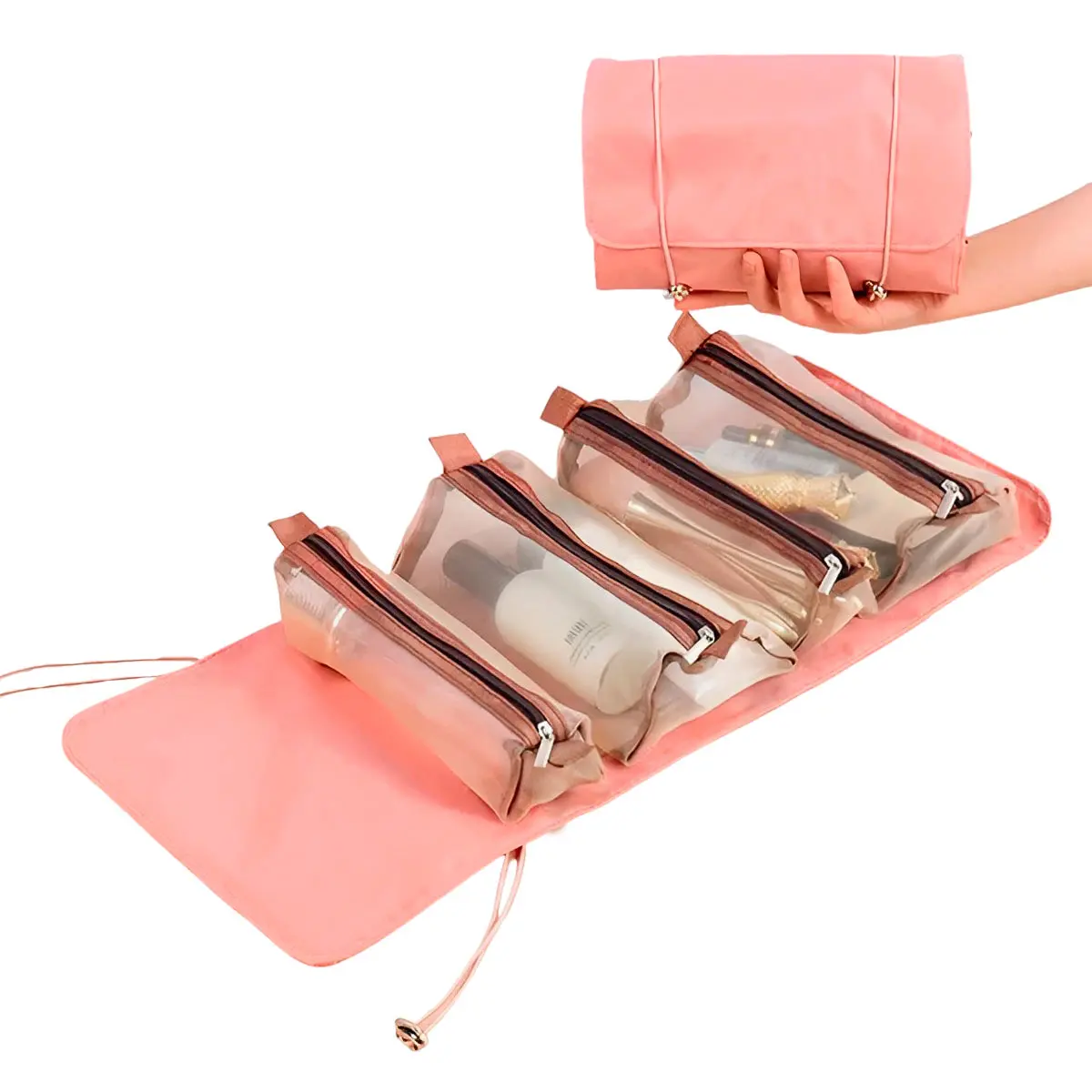 Organizador viajero rosa plegable con 4 cartucheras transparentes para cosméticos.