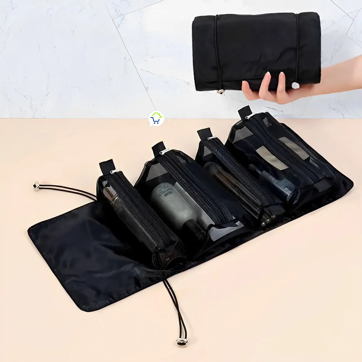 Organizador viajero negro con 4 cartucheras plegables, portátil y expandible, ideal para cosméticos.