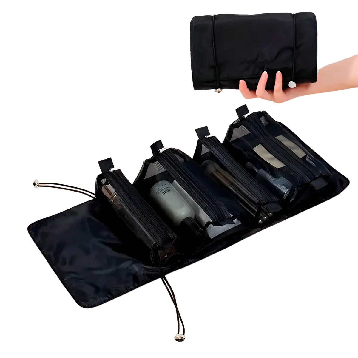 Organizador viajero con 4 cartucheras plegables para cosméticos y brochas.