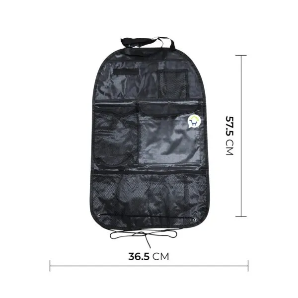 Organizador para asiento trasero de carro, 57.5 x 36.5 cm, con múltiples bolsillos y compartimentos.