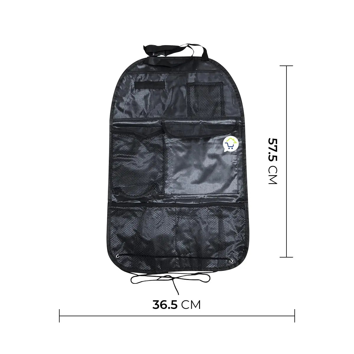 Organizador para asiento trasero de carro, 57.5 x 36.5 cm, con múltiples bolsillos y compartimentos.