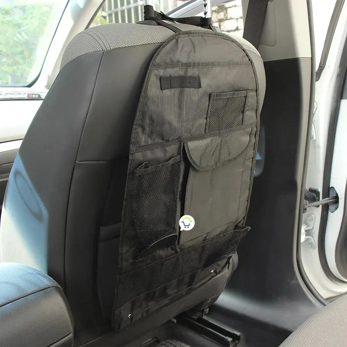 Set x2 organizador para asiento trasero de carro, negro, con múltiples bolsillos y mallas.