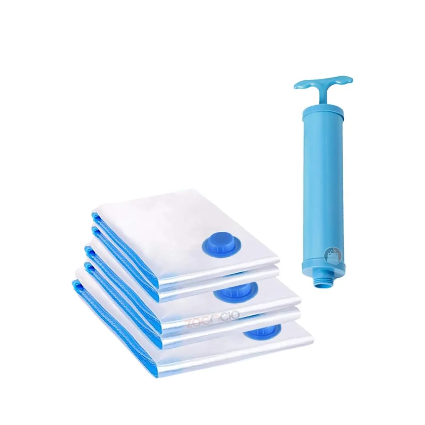 Pack 5 bolsas al vacío para ahorrar espacio con bomba manual azul.